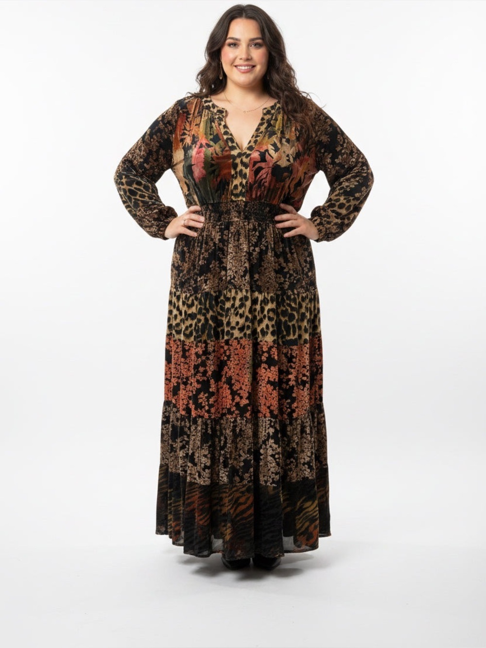 Mixed-Print Tiered Maxi Dress - Black Multi - Picture 12 of 12